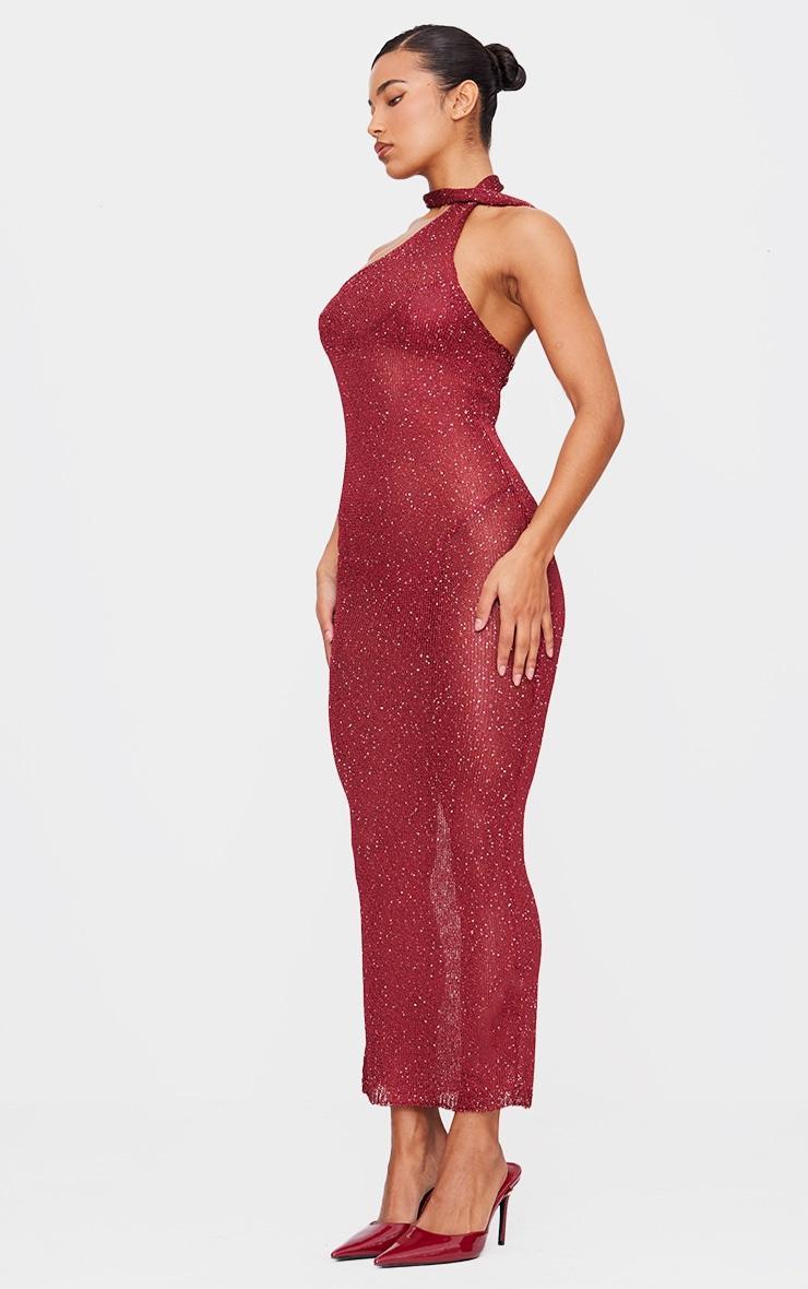 Wine Sequin Knit Tie Neck Maxi Dress Product Image