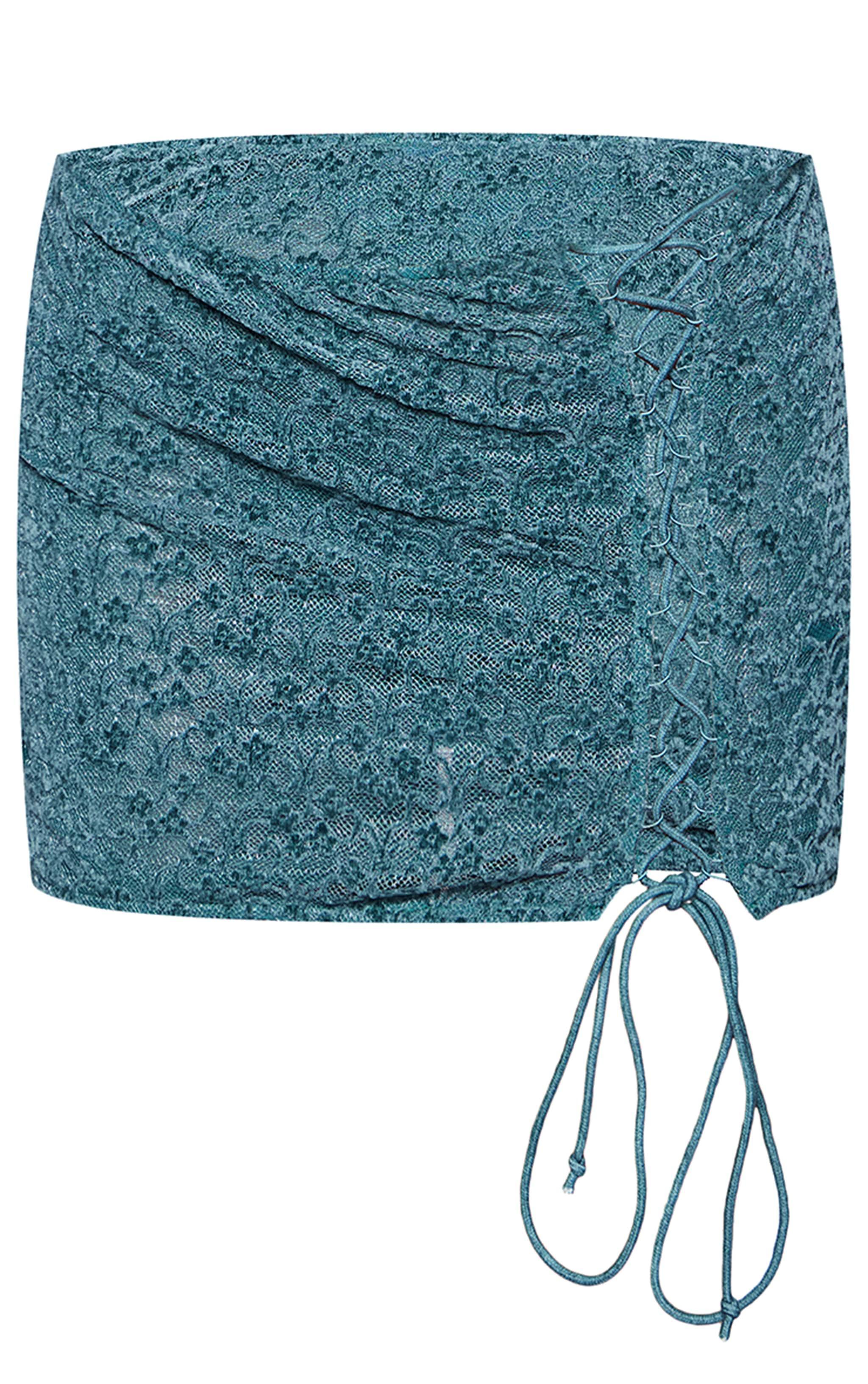 Teal Velvet Lace Mini Skirt Product Image