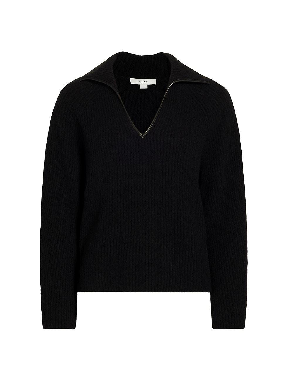 Womens Leather-Trim Rib-Knit Polo Sweater Product Image