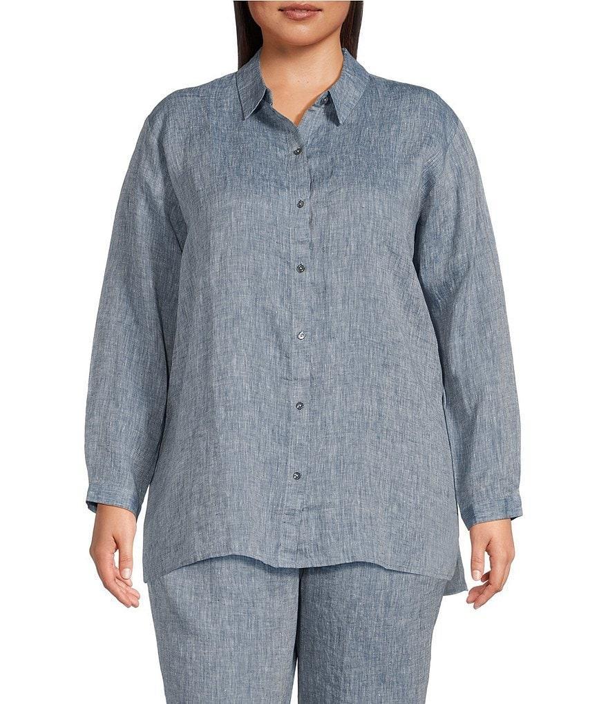 Eileen Fisher Plus Size Chambray Yarn Dyed Organic Linen Point Collar Long Sleeve Button-Front Shirt Product Image