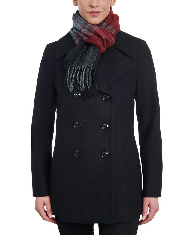 London Fog Womens Double-Breasted Wool Blend Peacoat & Plaid Scarf Product Image