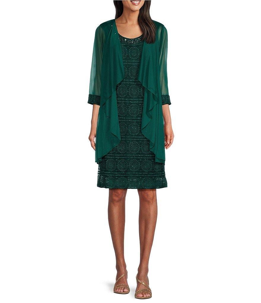 R & M Richards Glitter Lace Beaded Scoop Neck 3/4 Sleeve 2-Piece Flyaway Jacket Dress Product Image