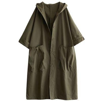 Plain Hooded Button-Up Long Trench Coat Product Image