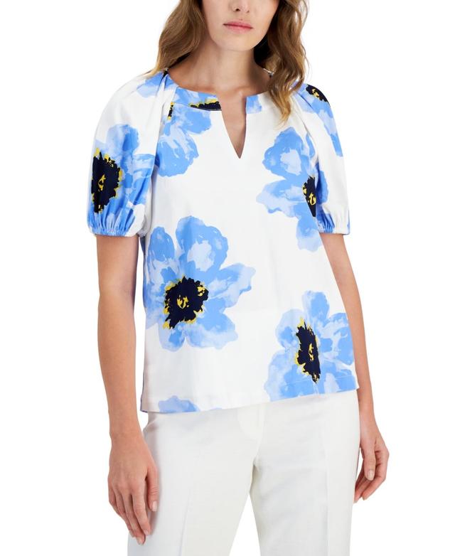 Petite Floral-Print Raglan Puff-Sleeve V-Neck Blouse Product Image