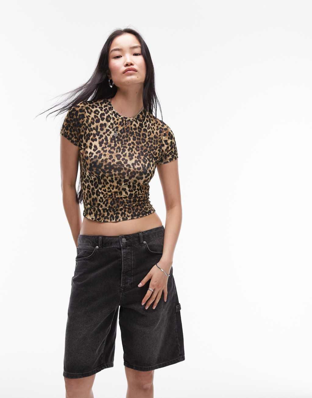 Topshop leopard print microfiber t-shirt in brown  Product Image