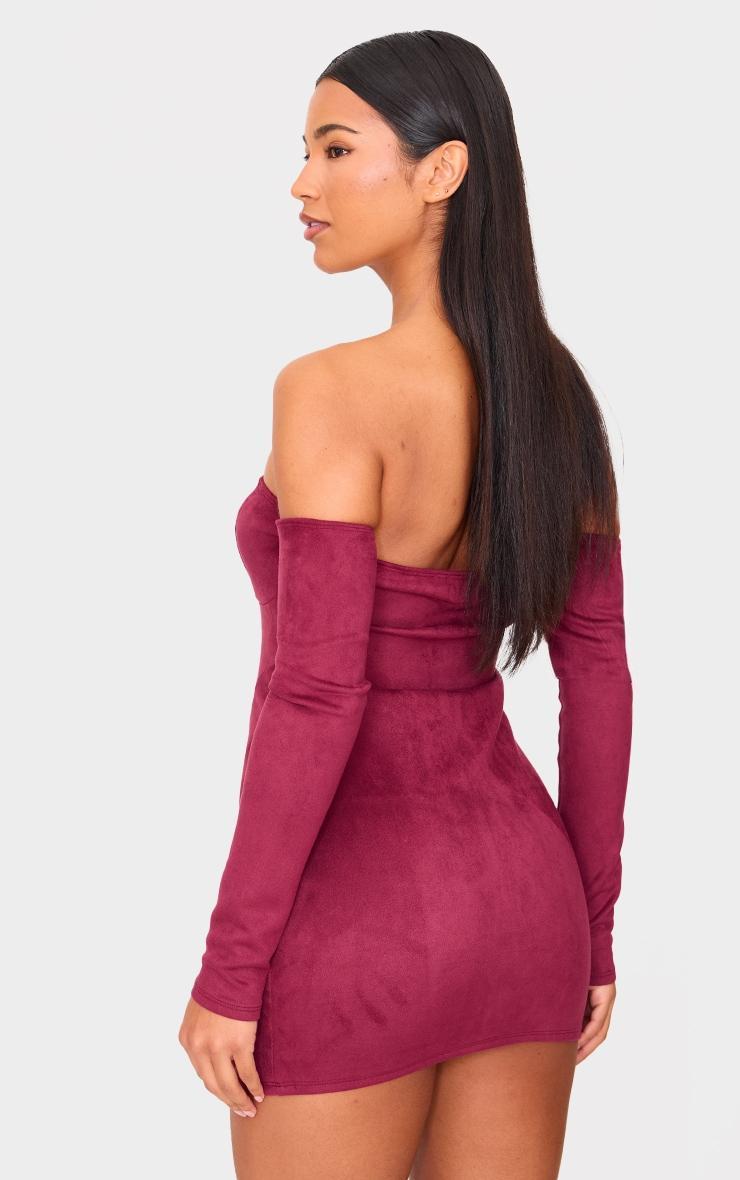 Burgundy Faux Suede Lace Up Detail Bardot Bodycon Dress Product Image