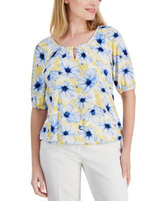 Petite Floral Print Scoop-Neck Elbow-Sleeve Top product image