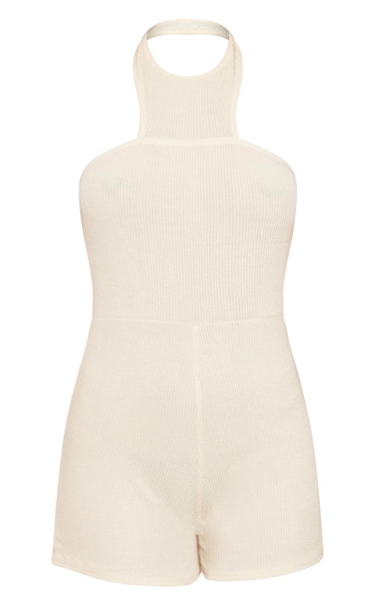 Cream Textured Rib High Neck Halter Unitard Product Image