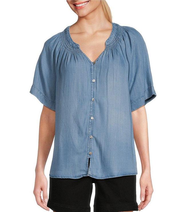 Westbound Woven Short Sleeve Y-Neck Button Front Top Product Image