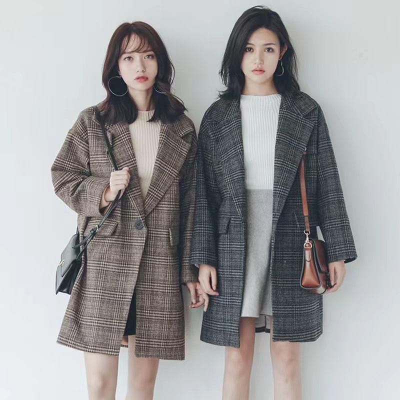 Lapel Collar Plaid Long Single-Button Coat Product Image