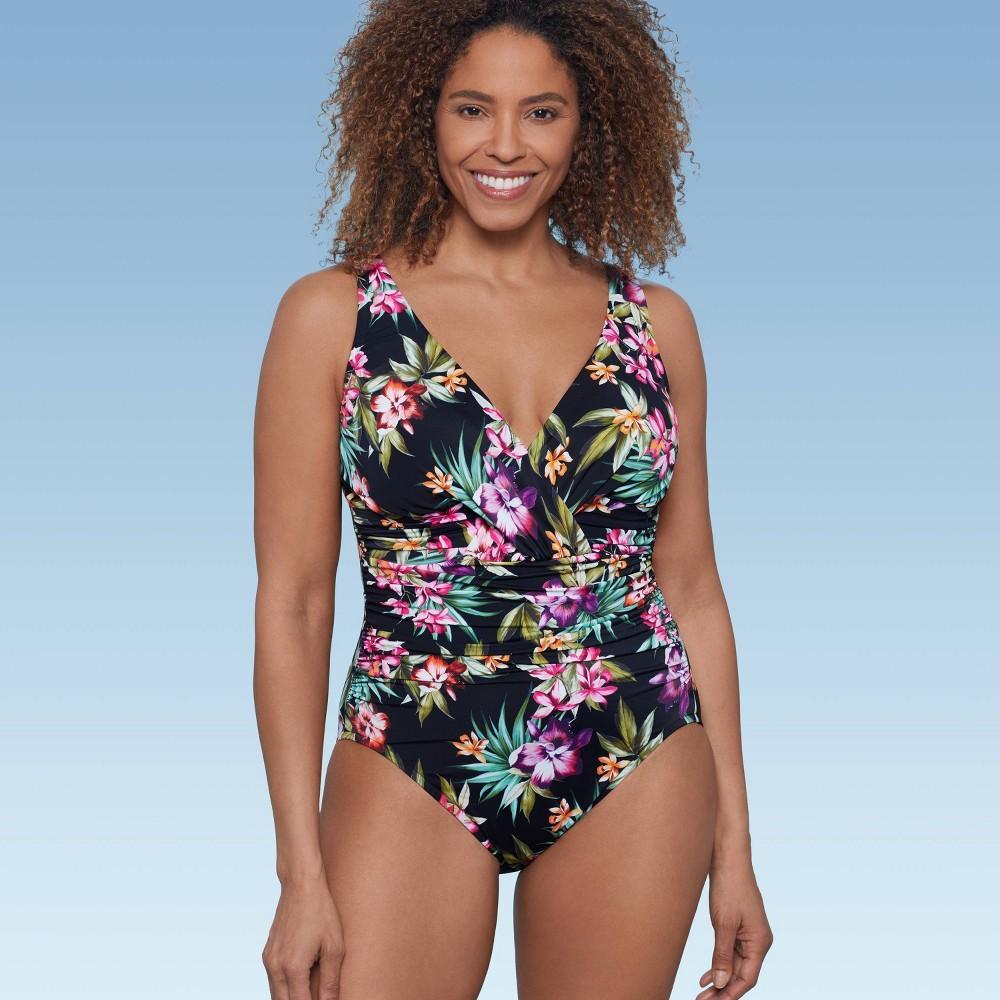 Womens UPF 50 V-Neck Ruched One Piece Swimsuit - Shape + Style by Aqua Multi Floral Print 14 Product Image