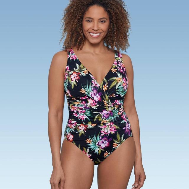 Womens UPF 50 V-Neck Ruched One Piece Swimsuit - Shape + Style by Aqua Multi Floral Print 14 Product Image