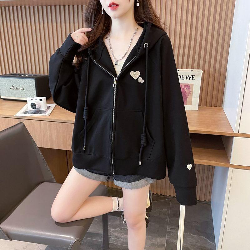 Heart Embroidered Zip-Up Hoodie Product Image