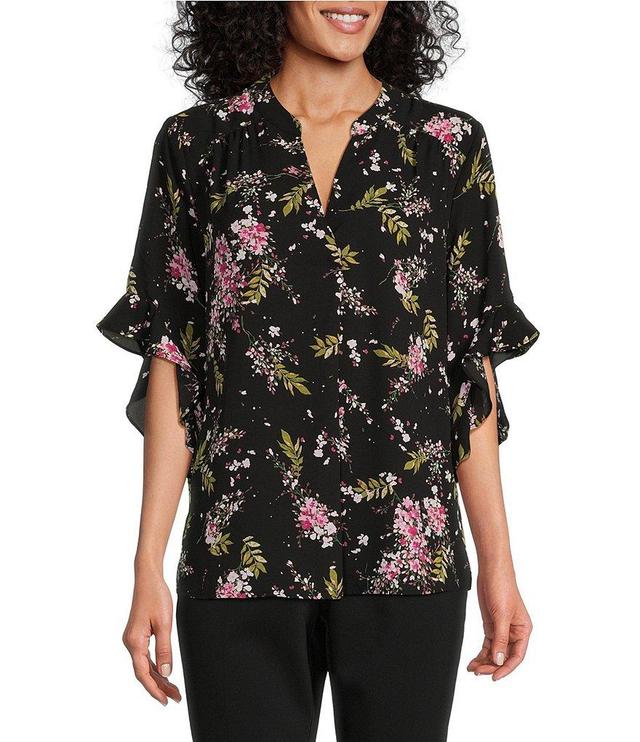 Investments Petite Size Laikyn Signature Tossed Botanic Print V-Neck 3/4 Ruffled Sleeve Top Product Image