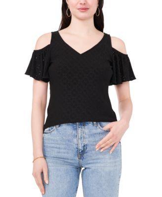 Women's Cold-Shoulder Eyelet V-Neck Knit Top Product Image