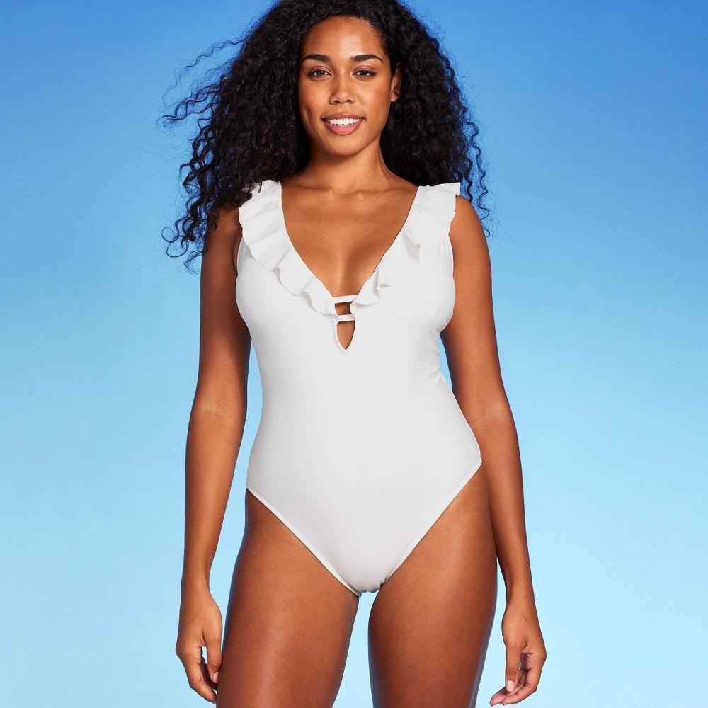 WomensRuffle Plunge One Piece Swimsuit - Shade & Shore Black XL: Cheeky Cut, Adjustable Straps, V-Neck Product Image