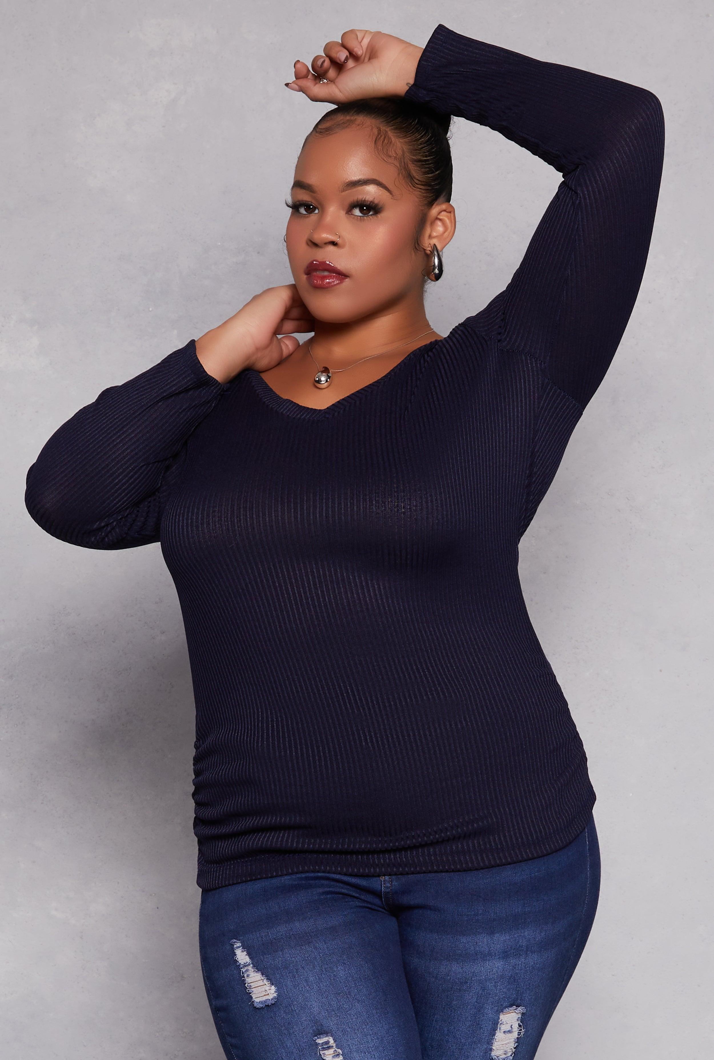 Womens Plus Size Rib Knit Ruched Side V Neck Top Product Image