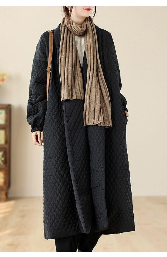 Plain Quilted Button-Up Long Coat Product Image