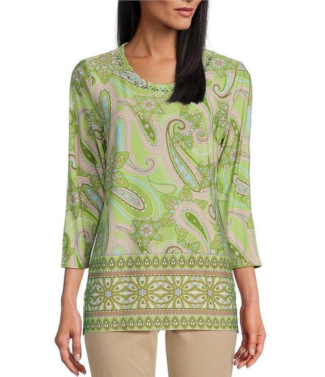 Allison Daley Petite Size Embellished Paisley Border Print 3/4 Sleeve Scoop Neck Knit Top Product Image