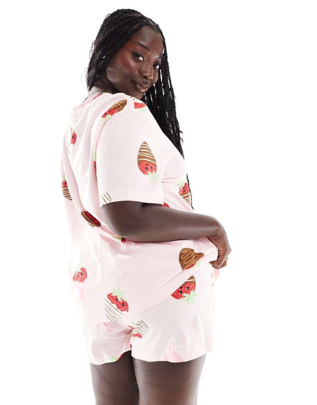 ASOS DESIGN Curve valentines chocolate strawberry oversized tee & short pajama set in pink Product Image