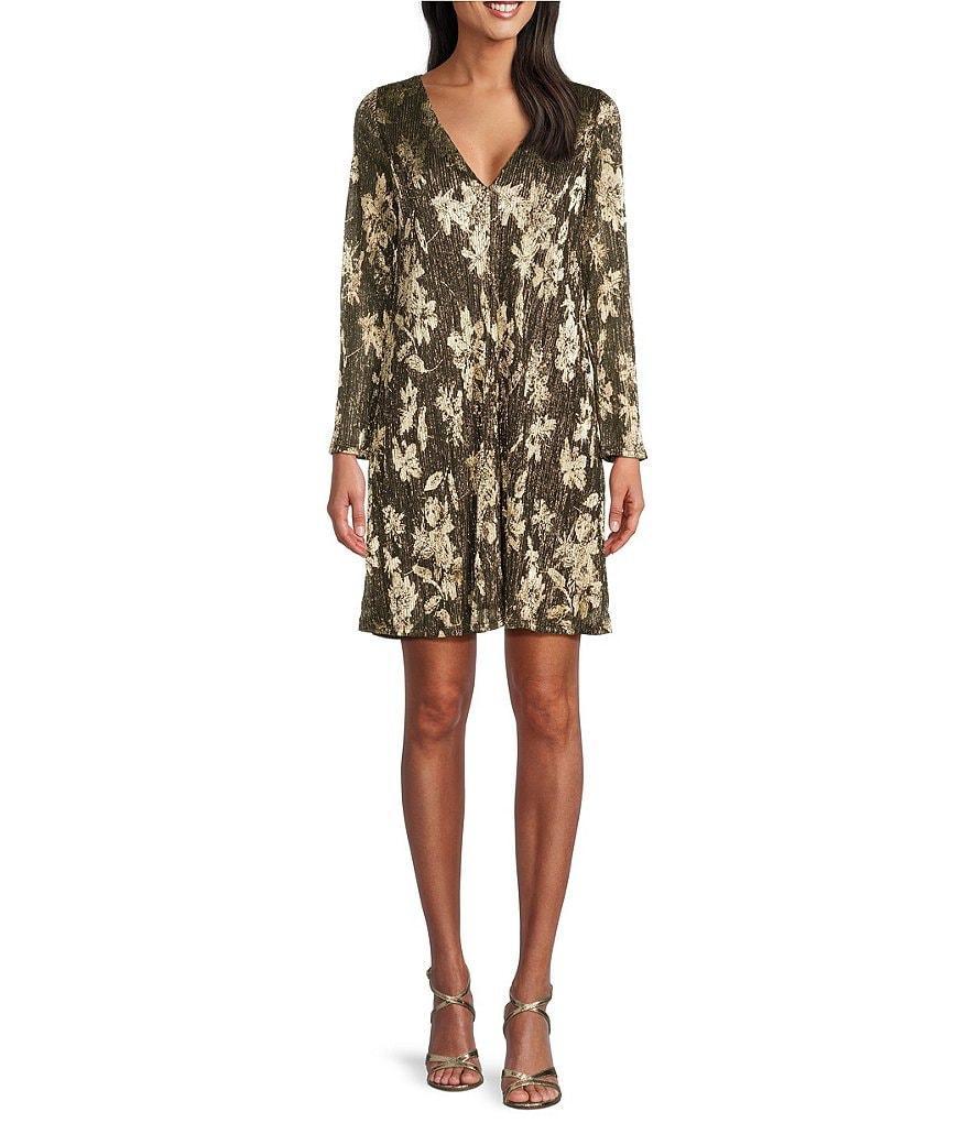 Marina Round Neck Long Sleeve Printed Metallic Dress Product Image