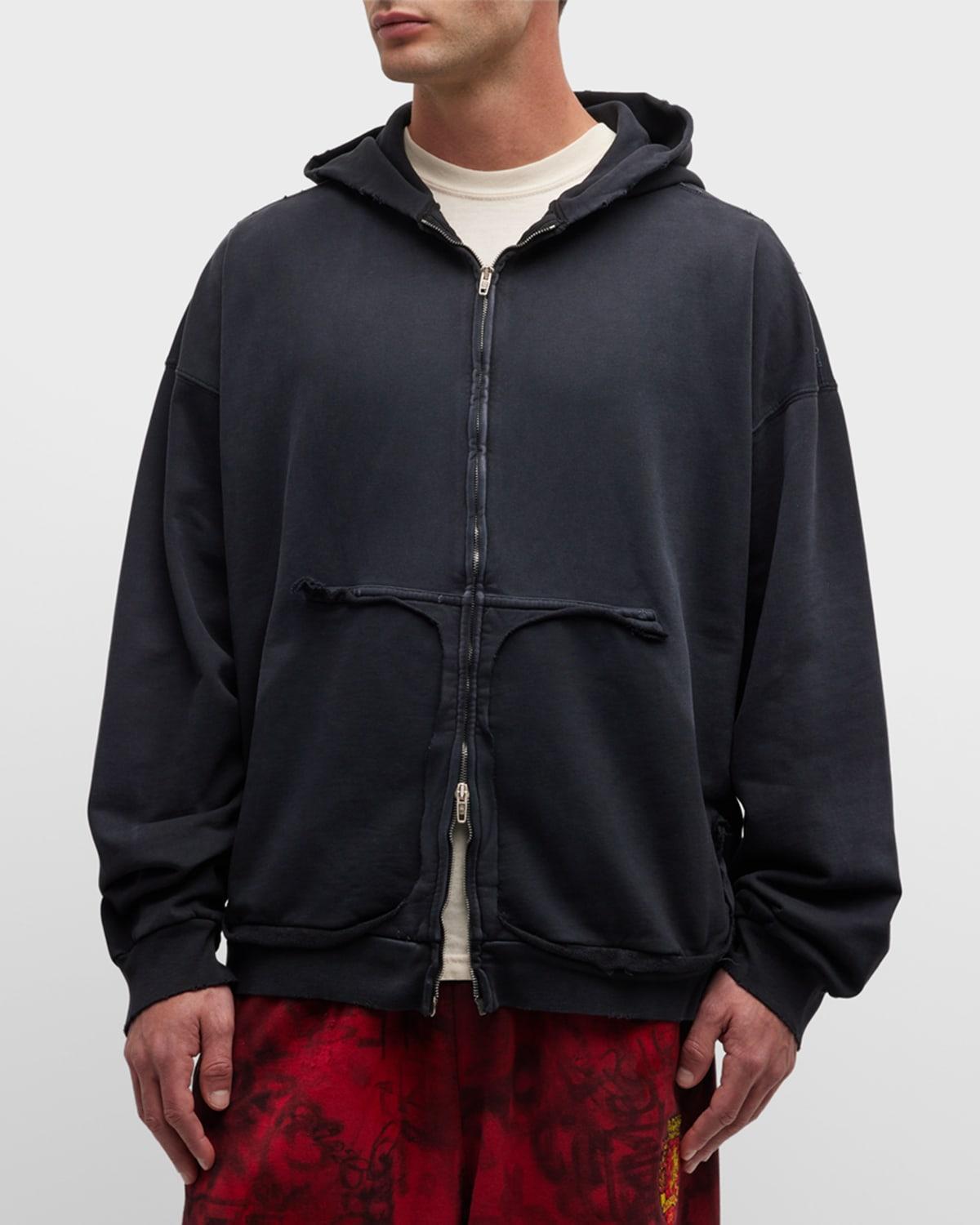 Mens Tape Type Ripped Pocket Zip Up Hoodie Large Fit Product Image