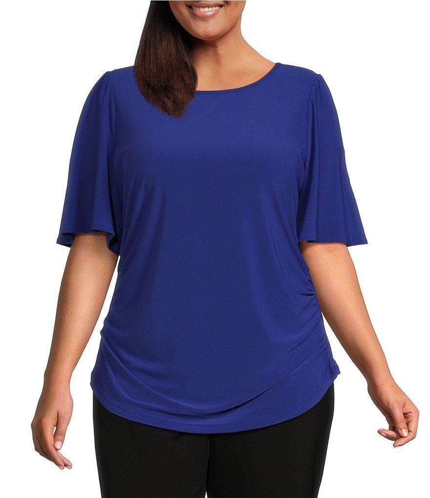 Investments Plus Size Crew Neck Flare Short Sleeve Ruched Top Product Image