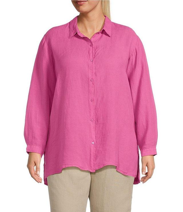 Eileen Fisher Plus Size Dyed Handkerchief Organic Linen Point Collar Long Sleeve Button-Front Shirt Product Image