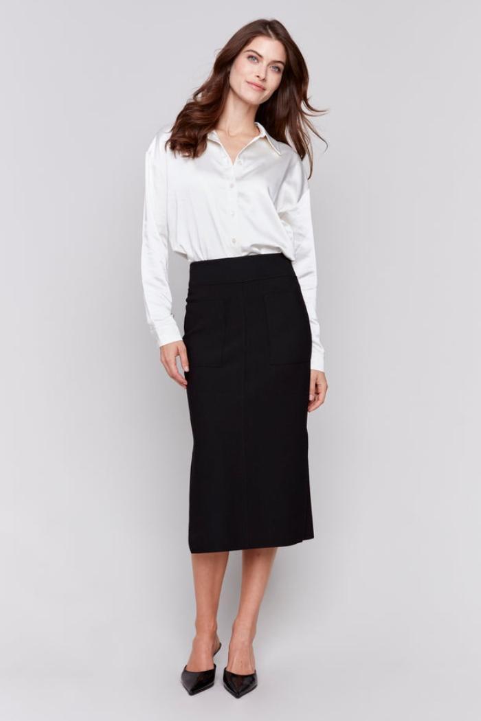 Knee Length Skirt with Side Slits and Pockets Product Image