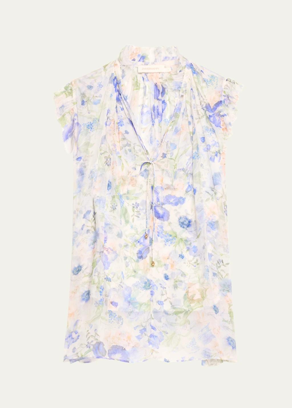 ZIMMERMANN Natura Floral Frilled Top In Blue Product Image