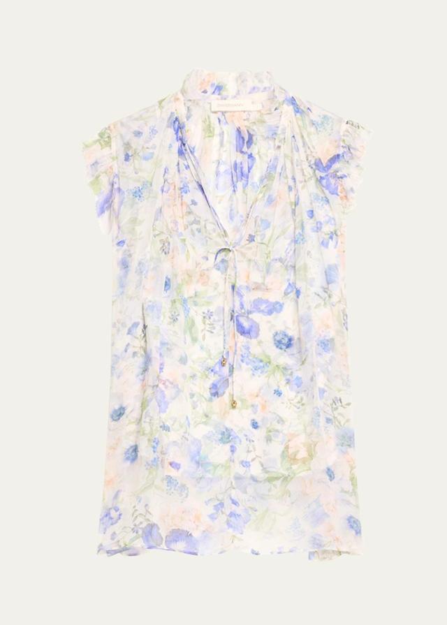 ZIMMERMANN Natura Floral Frilled Top In Blue Product Image