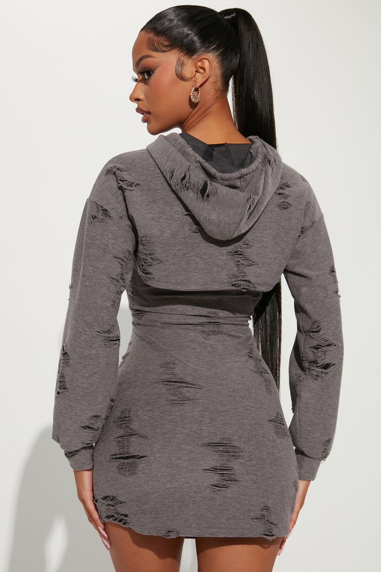 Looking Distressed Sweatshirt Mini Dress - Grey Product Image