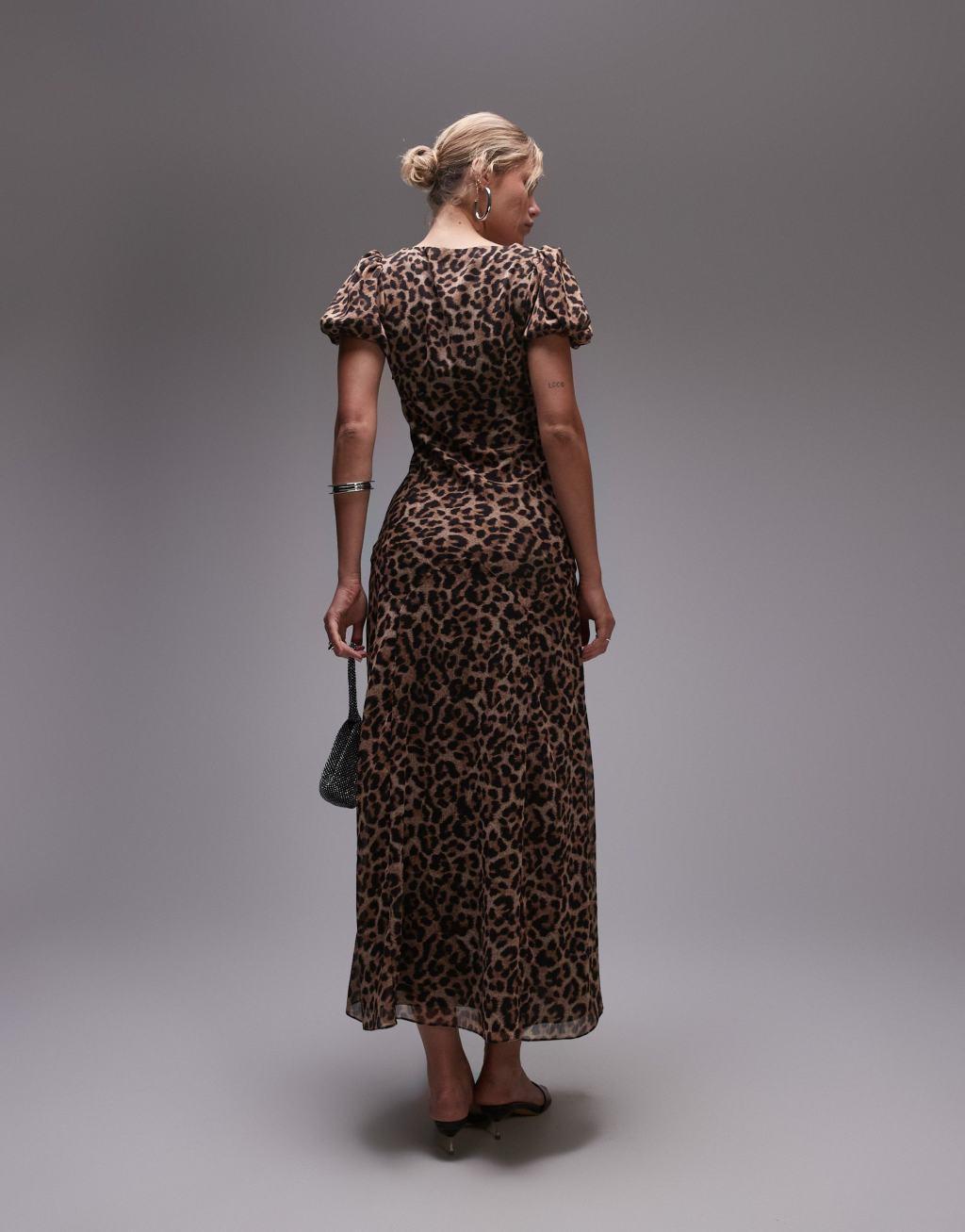 Topshop ruched sleeve occasion dress in animal print Product Image