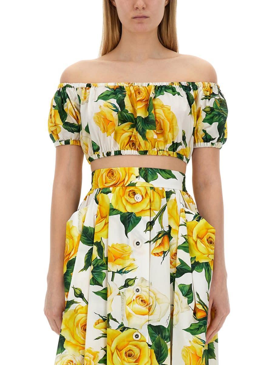 DOLCE & GABBANA Cotton Poplin Off Shoulder Crop Top In Yellow,white Product Image