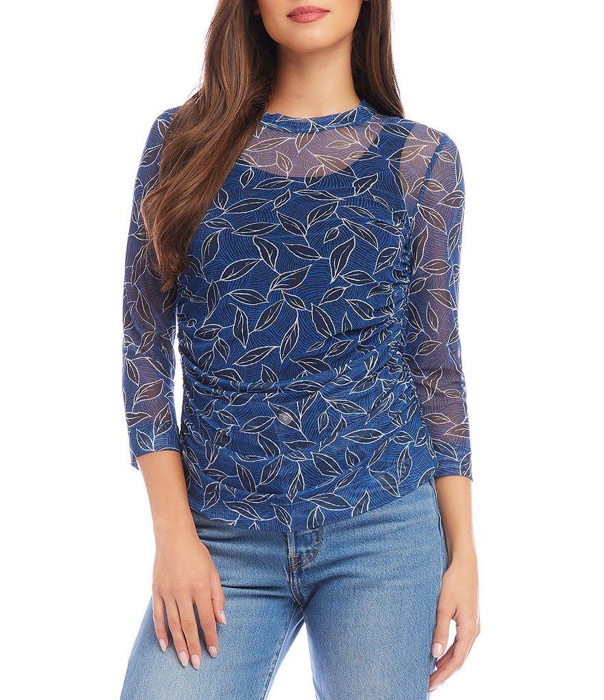 Karen Kane Side Shirred Crew Neck Long Sleeve Mesh Top Product Image