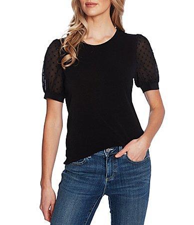 CeCe Round Neck Short Puff Sleeve Mixed Media Knit Shirt Product Image