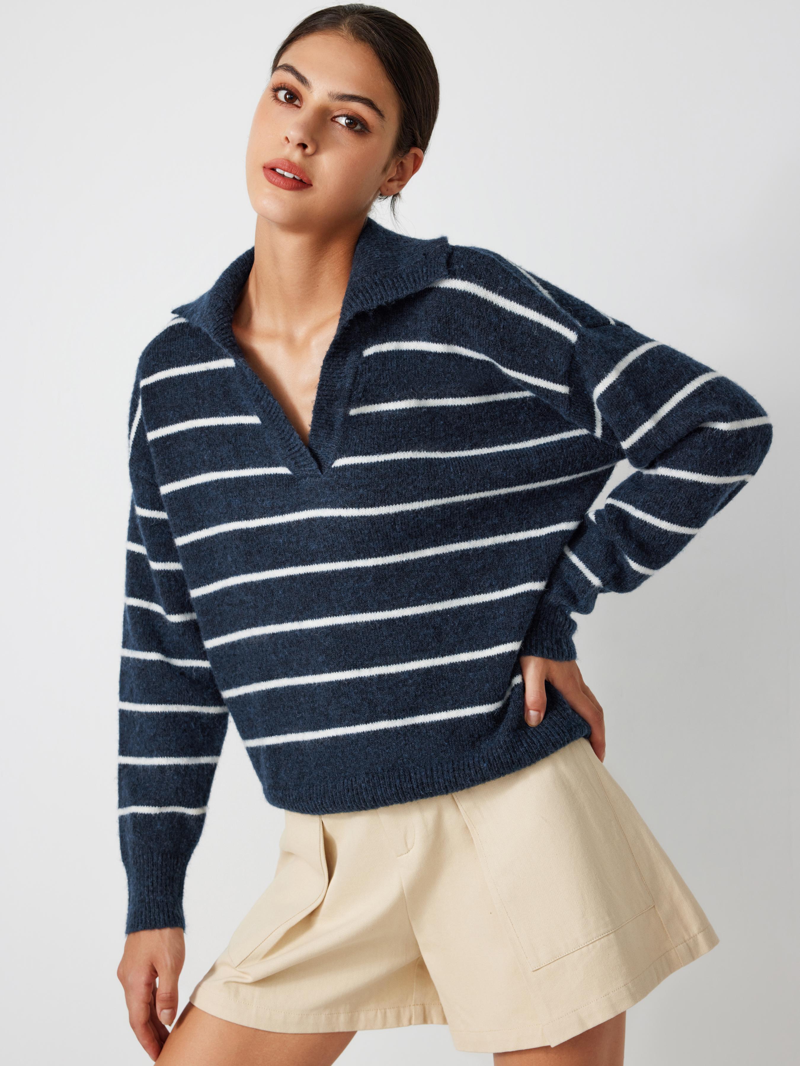 Wool-blend V-neck Striped Knitted Long Sleeve Top Product Image