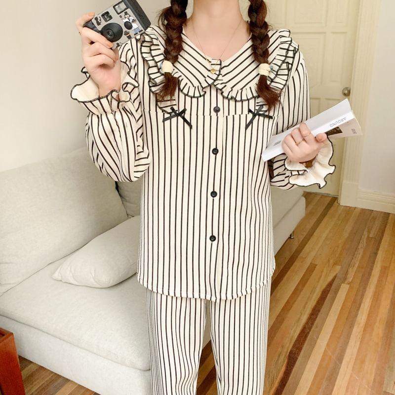 Couple Matching Pajama Set: Long-Sleeve Striped Button-Up Top + Pants (Various Designs) Product Image