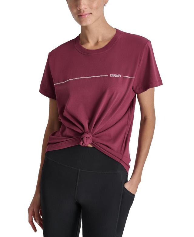 Dkny Sport Womens Cotton Rhinestone-Logo Knot-Front T-Shirt Product Image