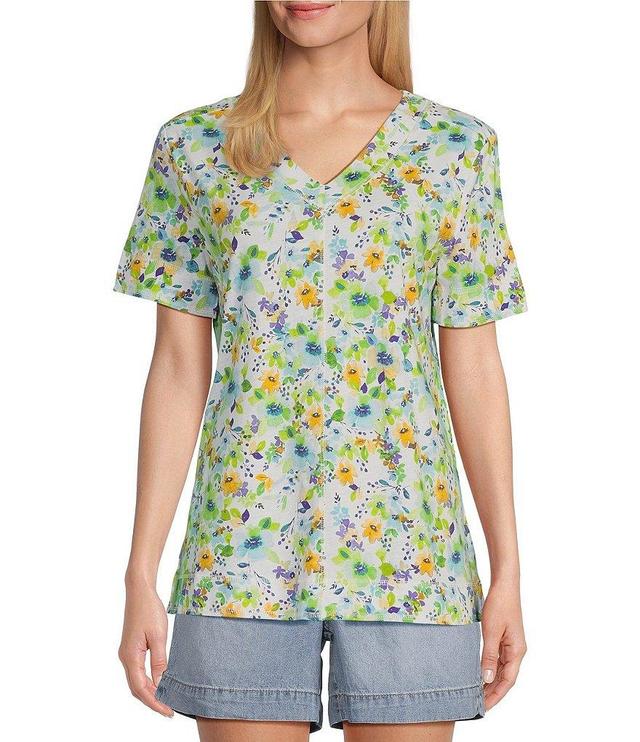 Westbound Petite Size Floral Printed Knit Short Sleeve V-Neck Top Product Image