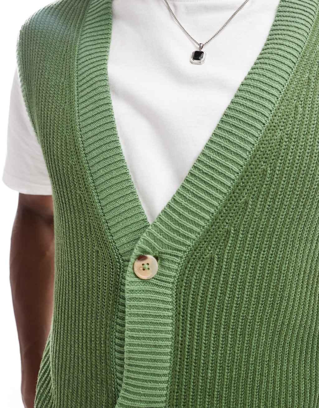 ASOS DESIGN knit button up sleeveless cardigan in green plated rib knit Product Image