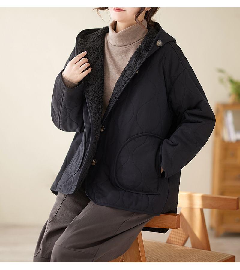 Plain Quilted Hooded Fleece-Lined Button Jacket Product Image