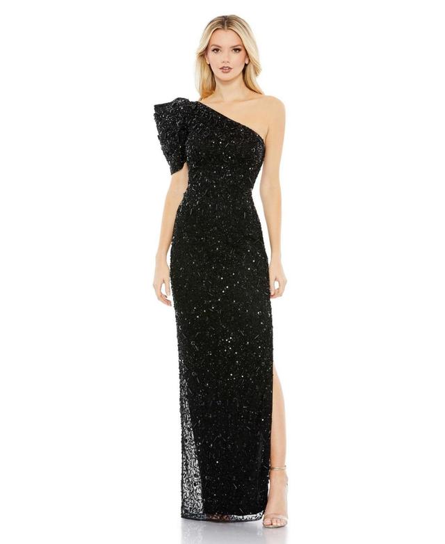 Womens Embellished Puff One-Shoulder Column Gown Product Image