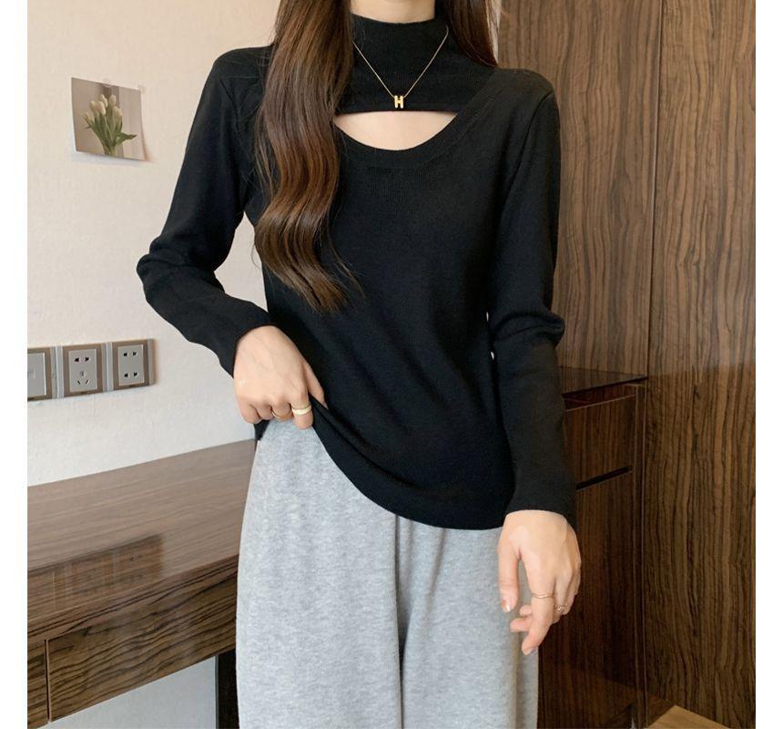 Long-Sleeve Mock Neck Cutout Knit Top Product Image