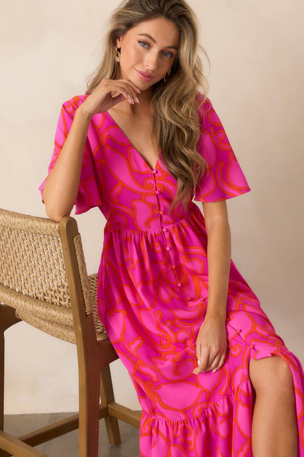 Budding Hearts Magenta Floral Button Front Maxi Dress Product Image