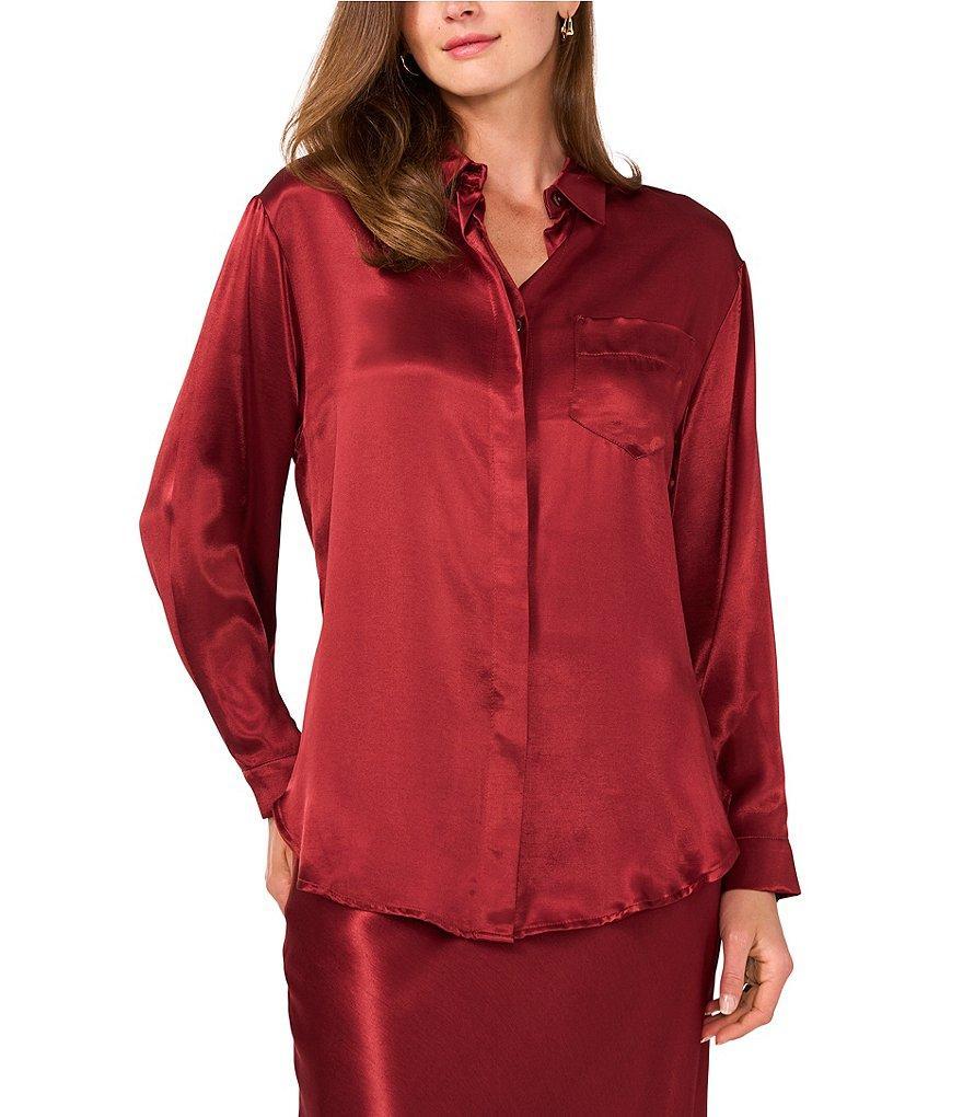 Vince Camuto Satin Point Collar Long Sleeve Button Front Hi-Low Shirttail Blouse Product Image