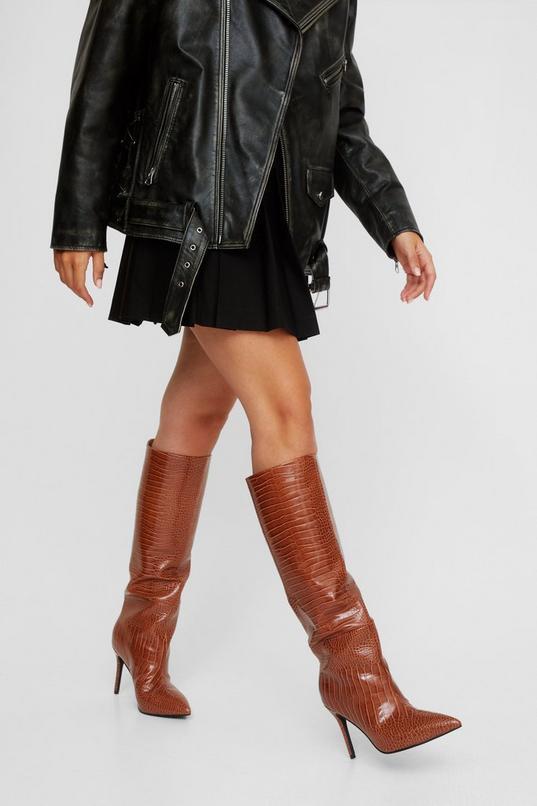 Faux Leather Croc Pointed Toe Knee High Boot product image