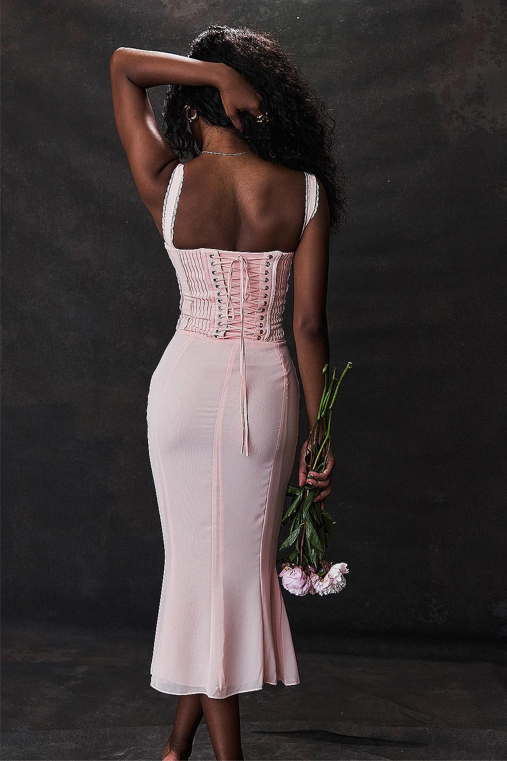 Syrah Soft Peach Lace Back Midi Dress Product Image