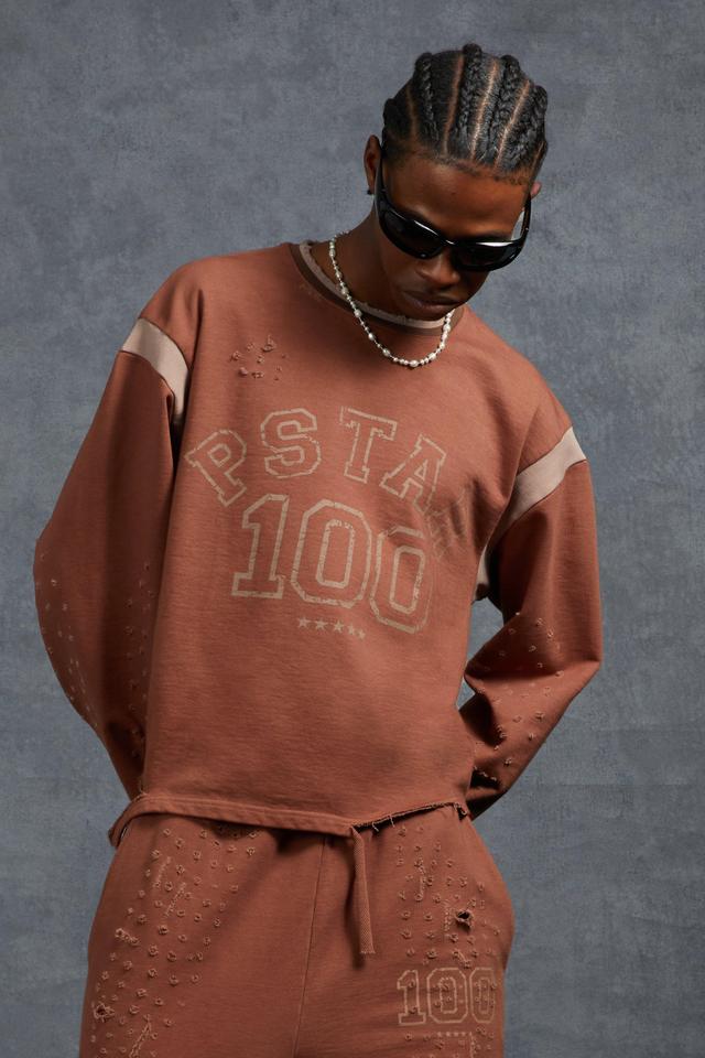 P-Star Oversized Cropped Sweatshirt with 100 Print | boohooMAN USA Product Image