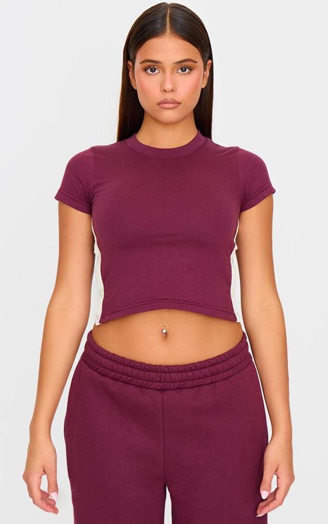 Plum Contrast Popper Detail Short Sleeve Fitted T Shirt Product Image